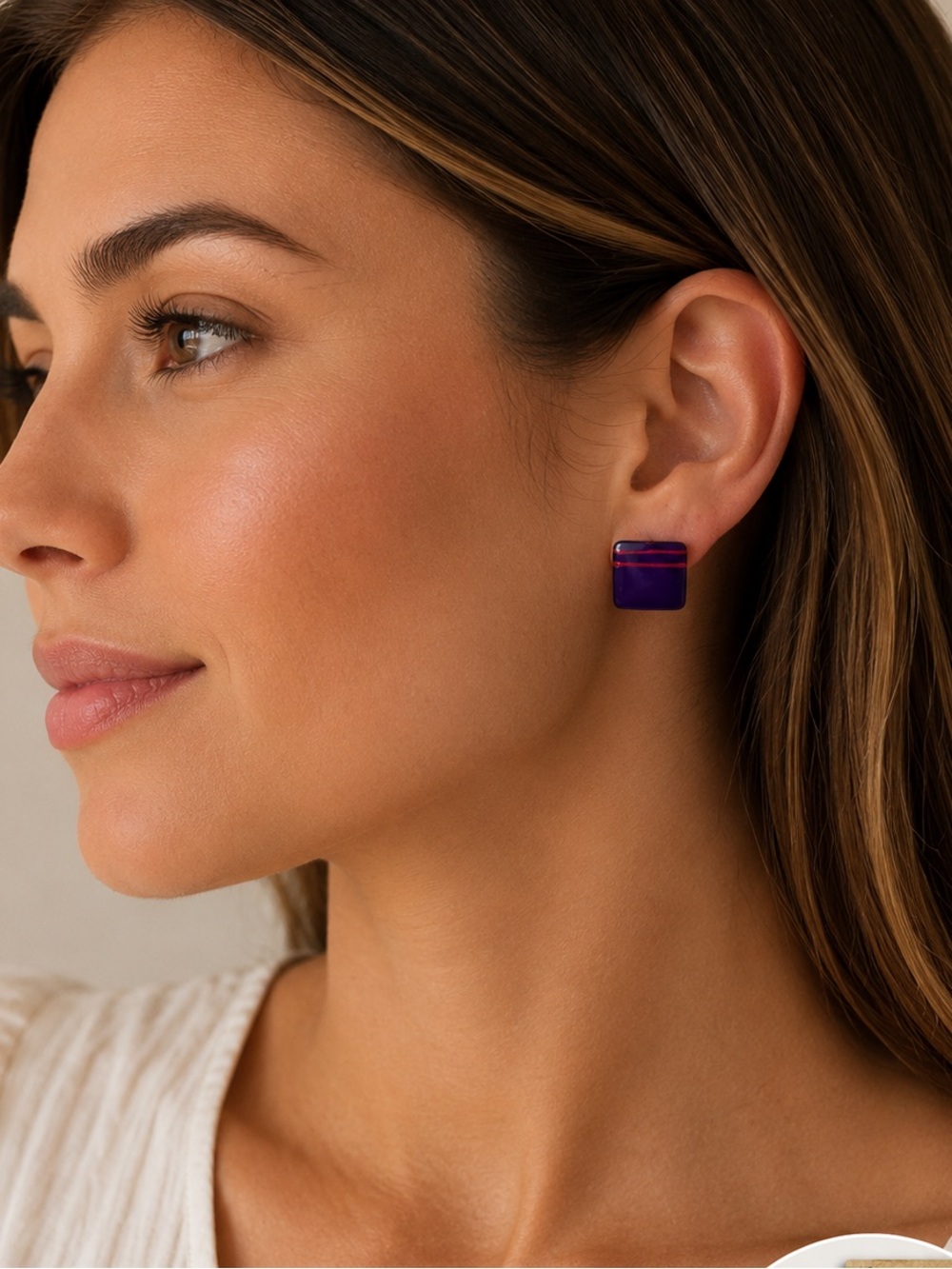 Vintage Purple Red Stripe Square Stud Earrings Retro Mod Acrylic
